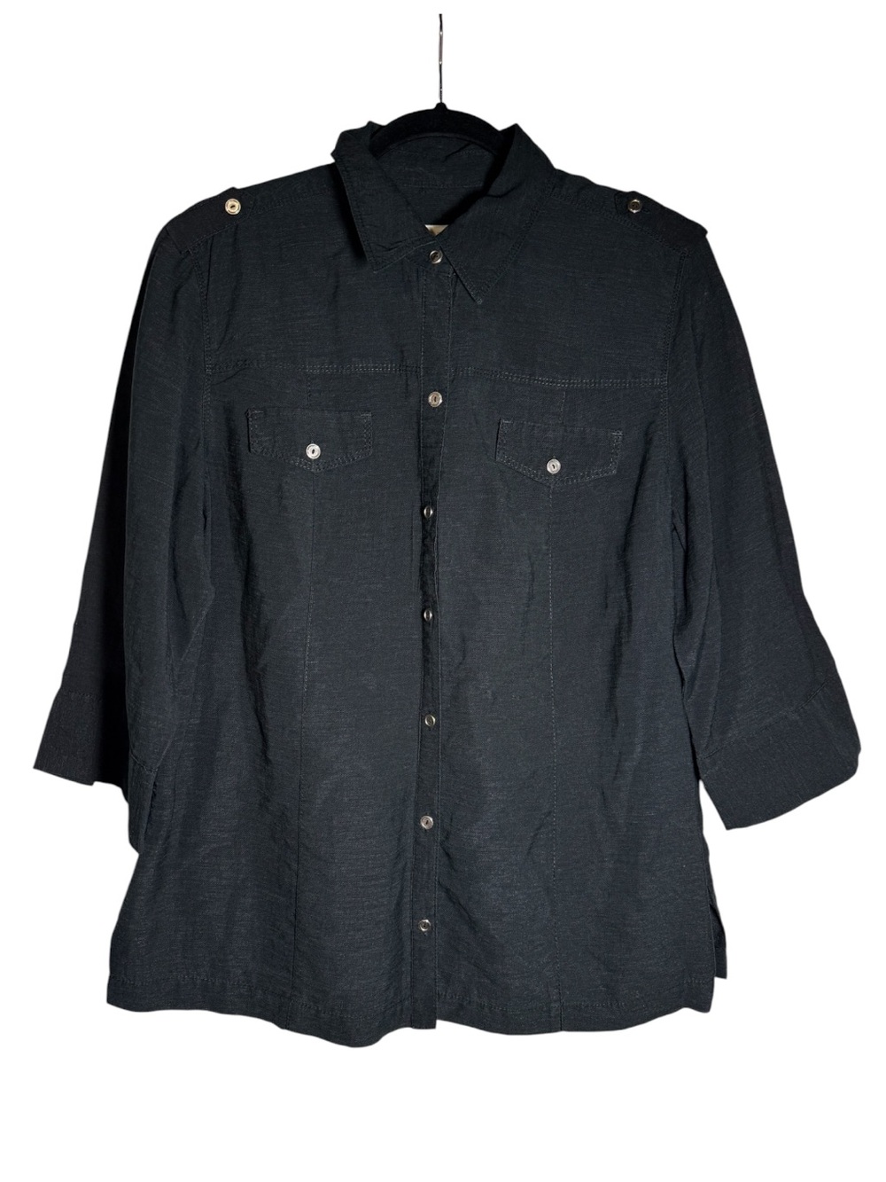 Chico's Button Up Blouse Black 3/4 Sleeve Sz 2 / Large Pockets Ramie Lightweight